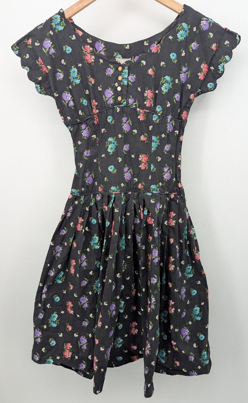 Vintage 1950s Kay Windsor Black Floral Cotton Fit Flare Midi Dress Size Small